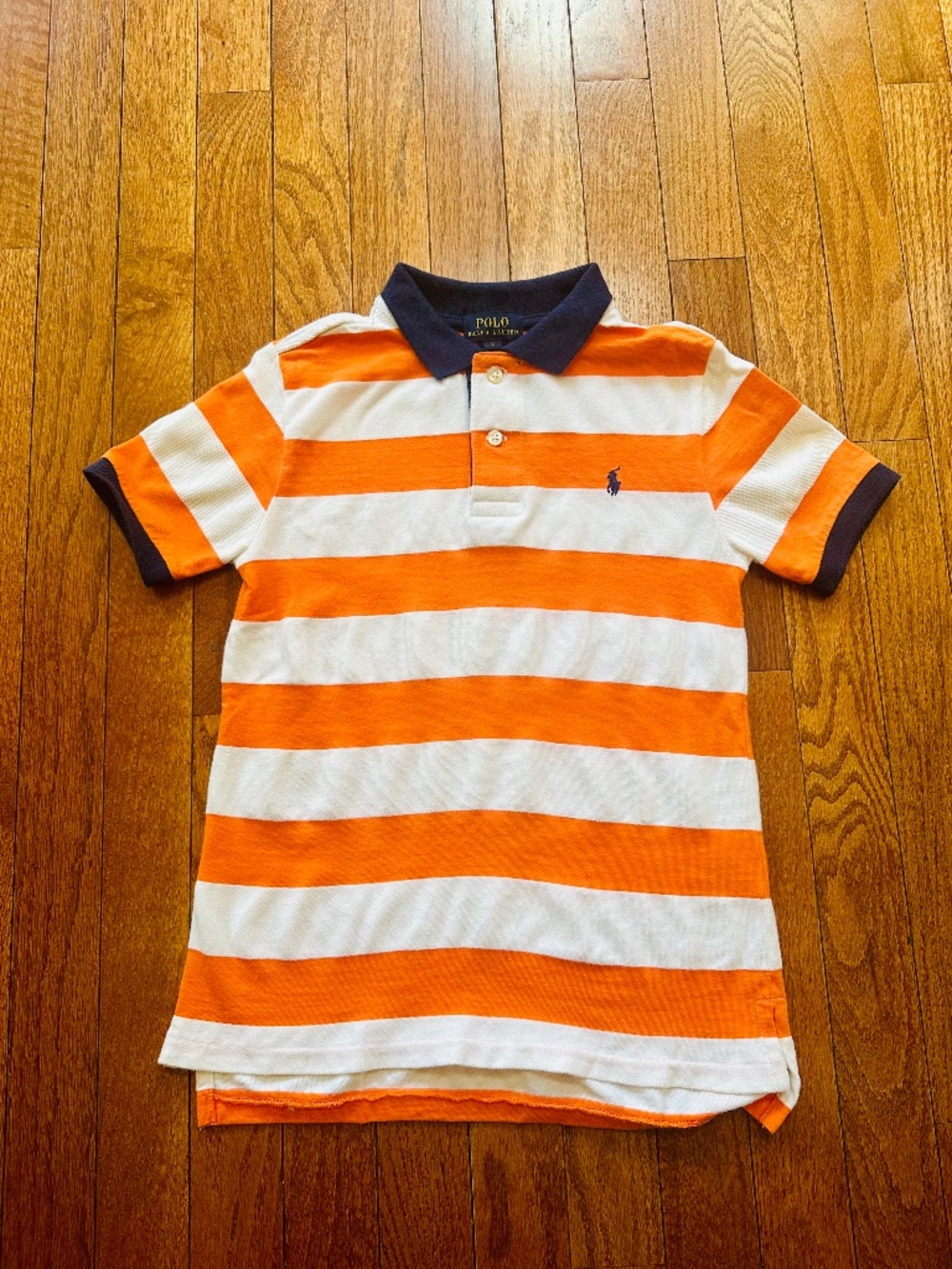 Polo Ralph Lauren Boys Orange White Striped Polo Shirt Nay Collar Size 6